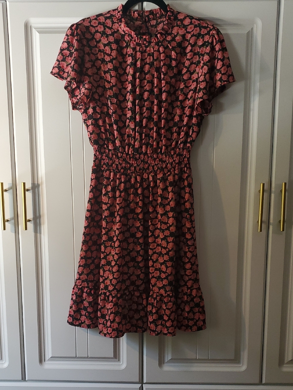 SHEIN Black Mini Dress with Pink Floral Print and Ruffle Hem